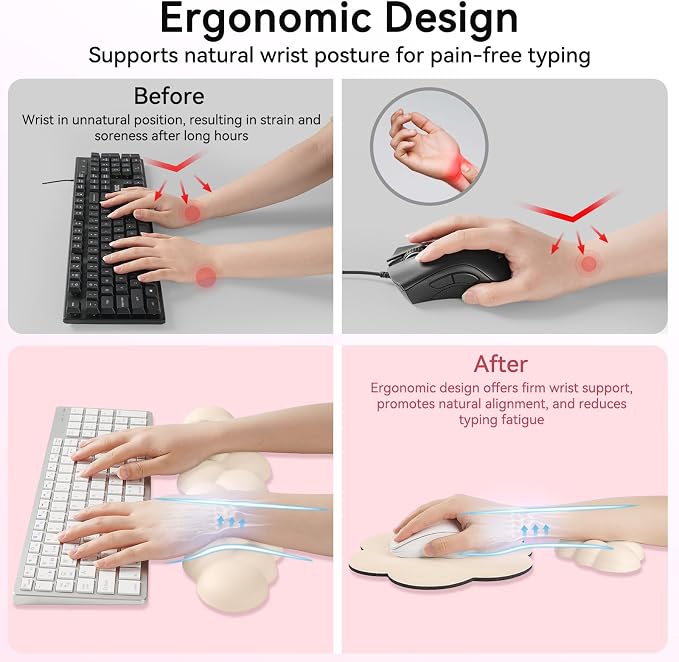 Sushret Cloud Wrist Rest for Computer Keyboard, 4-in-1 Memory Foam Leather Cloud Keyboard Wrist Rest and Mouse Pad Set with Ergonomic Support for Arm and Palm Cushion, Gaming/Work Setup, Beige