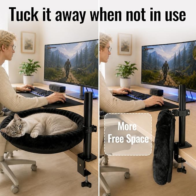 Cat Desk Bed|Foldable Clamp On Hammock for Gaming Desk|Supports Up to 45 lb | Height adjustable, 360° swivel, steel clamp, 45 lb capacity, reversible machine-washable cover; fits desks up to 3.8 in