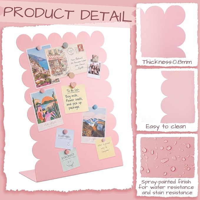 Gueevin 2 Pcs Magnet Board Standing Magnetic Metal Board for Desk and Wall Scalloped Magnetic Display Stand for Memos Photos and Documents Home Office School Desk Storage Decoration(Pink,Large)