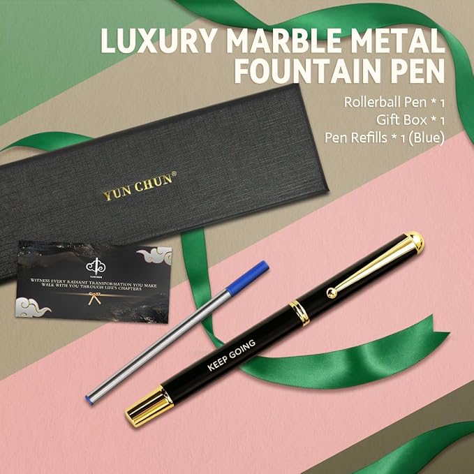 YUNCHUN Luxury Inspirational Rollerball Pen Set Gifts for Women & Men, Metal Pens with Motivational Words, Smooth Black Ink Medium Point, Elegant Executive Gift Pens with Extra Blue Refill, Black