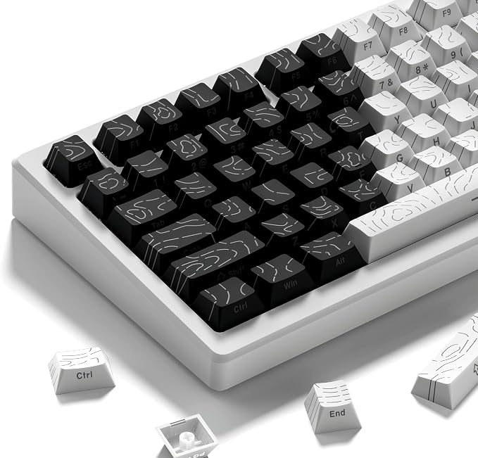 dagaladoo Double Shot PBT keycaps for Mechanical Keyboard,Black/White Topographic Key Board keycaps,Shine Through Custom Key caps,Cherry Profile Key caps for US Layout 60% 75% 100% Keyboard