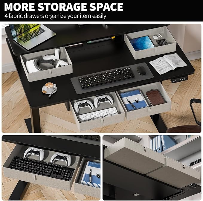 Kingant Electric Standing Desk with 4 Drawers,USB Charging Ports 48"x 30" | Ergonomic Height Adjustable Large Workstation, Heavy-Duty Sit Stand Up Desk For Home Office Daily Work,Black