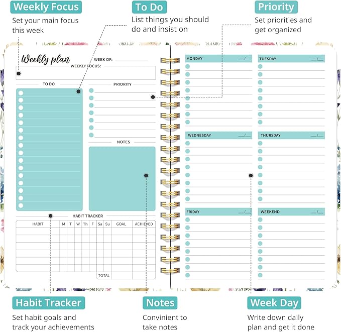 Taja Undated Weekly Planner, Weekly To Do List Notebook with Goal & Habit Tracker Organizer, A5 Weekly Planner Notebook with Spiral Binding, 6.1" x 8.2" - Floral