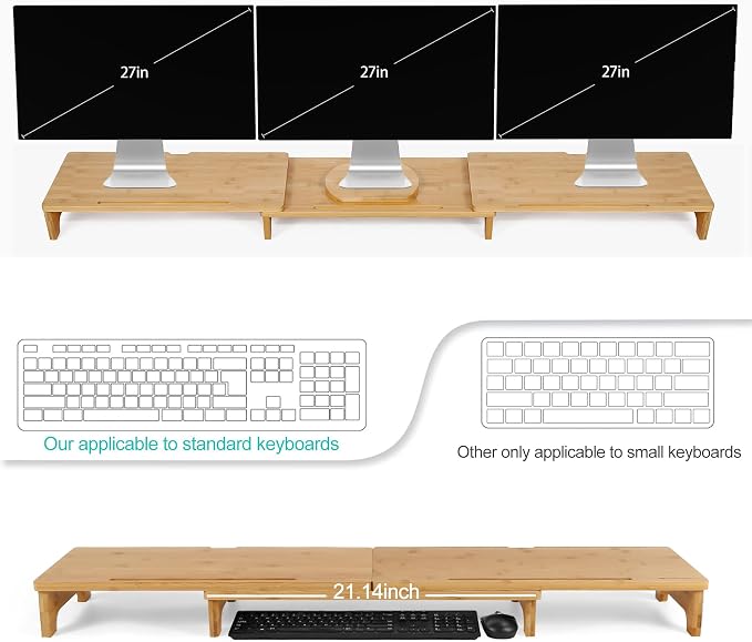 Nnewvante Monitor Stand Riser, 60 inch Bamboo Dual Monitor Stand for Desk | Adjustable Length Angle, 3 Shelves Desktop Screen Riser, For Computer Laptop PC