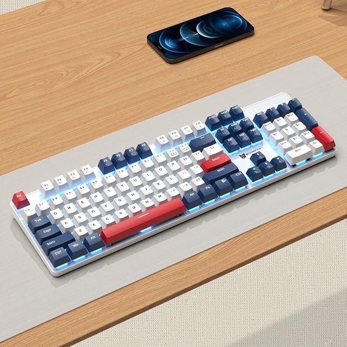 104 Keys Full Size Mechanical Gaming Keyboard | Blue Switch Blue/White/Red Combo Color Computer Keyboards | Hot Swappable US Layout Wired Mechanical PC Gaming Keyboard | Light Up Wired Keyboards