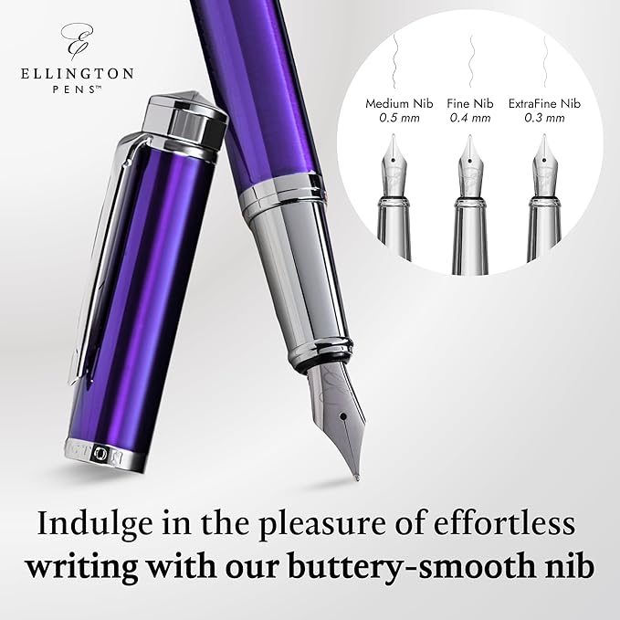 Ellington Pens Luxury Fountain Pen Set - Smooth Medium Nib - Includes 3 Ink Cartridges, Refillable Ink Converter, Gift Box - Fountain Pens For Writing, Calligraphy, Journaling, Sketching (Purple Haze)