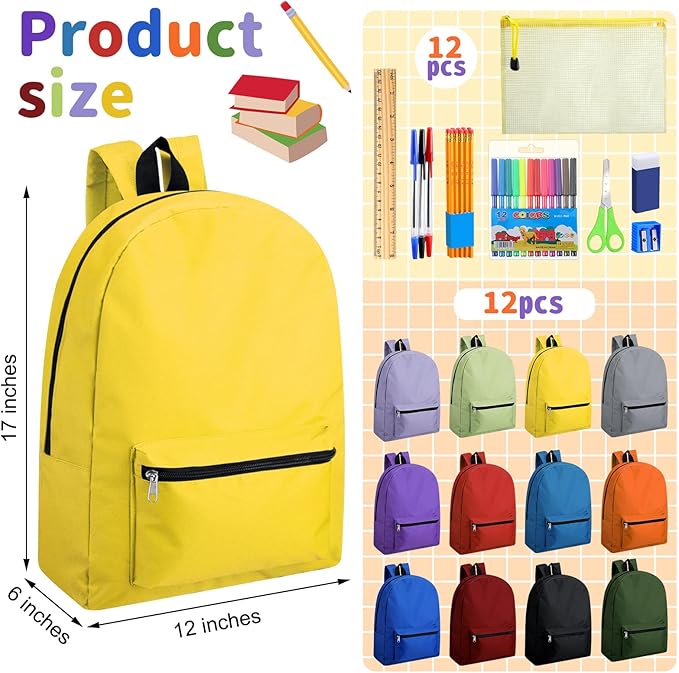 Silkfly 12 Pcs 17" Backpacks with 144 Pcs School Supplies Kits Includes Markers Scissors Rulers Sharpeners Ballpoint Pens Erasers Pencil Cases Pencils for Elementary Middle High School