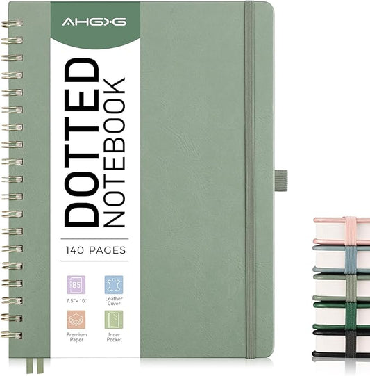 AHGXG HGXG Dotted Journal Spiral Notebook, Large B5 Dotted Notebook 140 Pages, Leather Hardcover, 100 GSM Thick Dot Grid Paper, Inner Pocket, for Dotted Journaling, 7.6" x 10", Sage Green