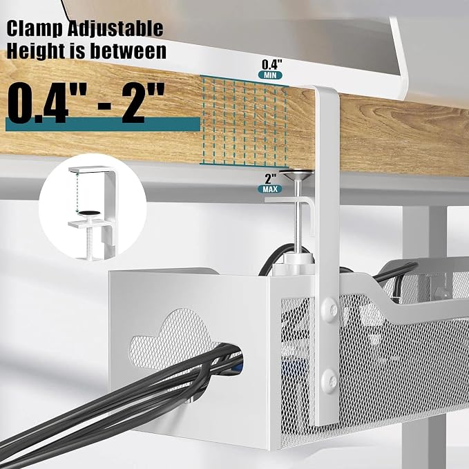 Under Desk Cable Management Tray 32'', Cable Management Under Desk No Drill, Cable Organizer with Clamp for Wire Management, Cord Organizer for Office, Home - No Damage to Table (White)