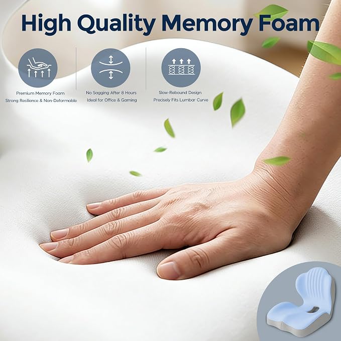 Seat Cushion for Office Chair Car, L-Shaped Ergonomic Seat Cushions,Memory Foam Orthopedic Cushion with Coccyx Hollow,Lumbar Support & Tailbone Pain Relief for Car, Truck, Home,Blue & Gray