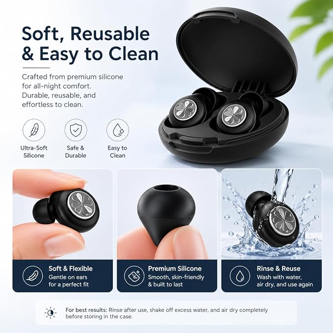 Ear Plugs Sleep Earplugs for Snoring & Noise Reduction, Soft Breathable Silicone Plugs with Metal Filter, Comfortable Reusable Ear Plugs for Adults (Black)