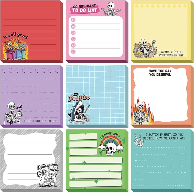 9 Pads Gothic Skeleton Sticky Notes 3x3 Inch Cute Self Stick Notepads Notes Adhesive Memo Pad Office Decor Gifts for Students School Teacher Meeting Office Supplies