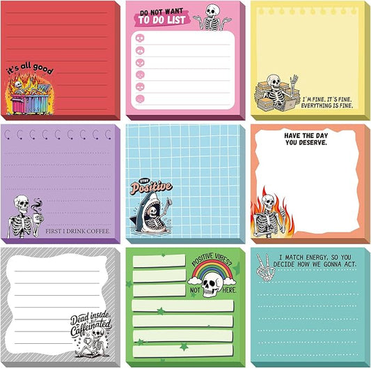 9 Pads Gothic Skeleton Sticky Notes 3x3 Inch Cute Self Stick Notepads Notes Adhesive Memo Pad Office Decor Gifts for Students School Teacher Meeting Office Supplies