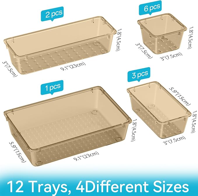 ElegantArray 12 PCS Drawer Organizer Set, 4 Sizes Tool Storage Trays, Clear Plastic Makeup Vanity Organizer and Storage Bins for Stationeries, Multiple Gadgets for Office, Bedroom, Champagne