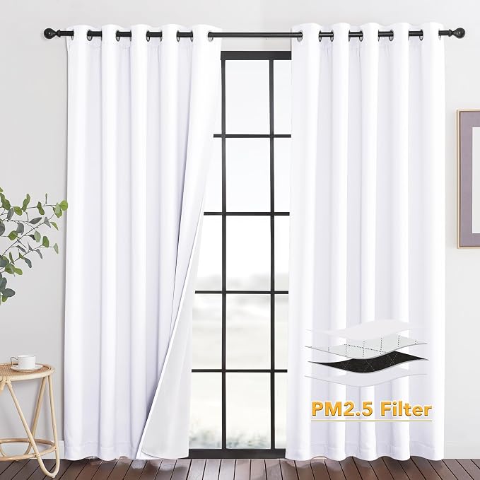 RYB HOME Dustproof Curtains for Large Window, Soundproof Thermal Insulated Blackout Curtains for Sliding Glass Door Furance Office Dorm Bedroom Living Room, White, W62 x L95 inch, 2 Panels