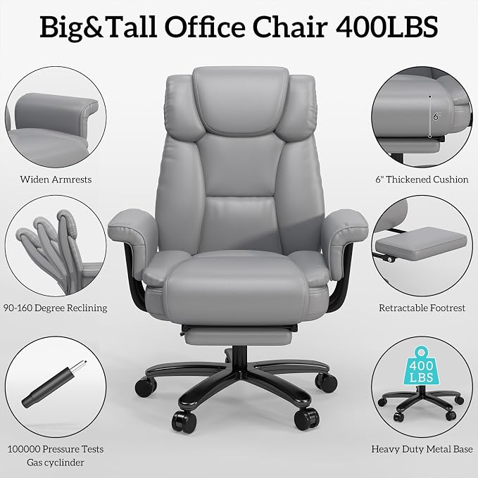 GYI 160 Reclining Office Chair with Footrest, Big & Tall Desk Chair, Grey | Cross Legged Seat, High Back, Faux Leather, Heavy Duty Base, Adjustable Height, for Home, Executive