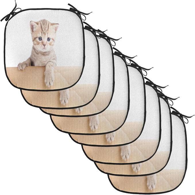 Lunarable Cat Chair Cushion Pads Set of 8, British Cat in Cardboard Box Little Striped Fur Looking at Camera Picture, Anti-Slip Seat Padding for Kitchen & Patio, 16"x16", Sand Brown White