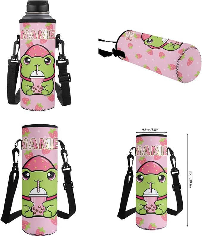 WELLFLYHOM Custom Name Strawberry Frog Backpack Set for Girls Ages 8-12 | 4Pcs Personalized School with Lunch Box, Pencil Pouch and Water Bottle Carrier for Daily Campus Use