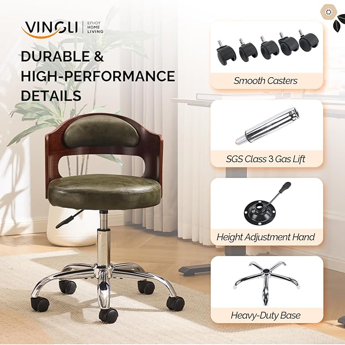 VINGLI Armless Home Office Desk Chair, Adjustable Swivel Chair,Dual-Use with/no Wheels,Small Retro Designed Walnut Curved Task Chair,Cushioned Nail Tech Chair for Study Area,Workspace,PU,Olive Green