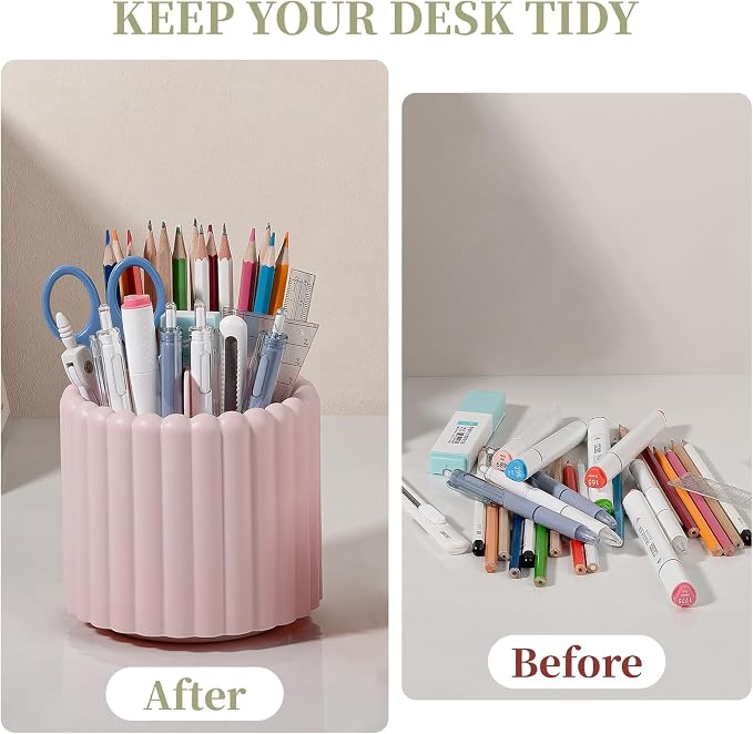 Anyoifax 360° Rotating Pen Holder for Desk Removable Pencil Organizer, Pink | 7 Slots Pen Cup Cute Office Supplies and Accessories Plastic Desktop Storage Box Art Caddy for School, Work, Home