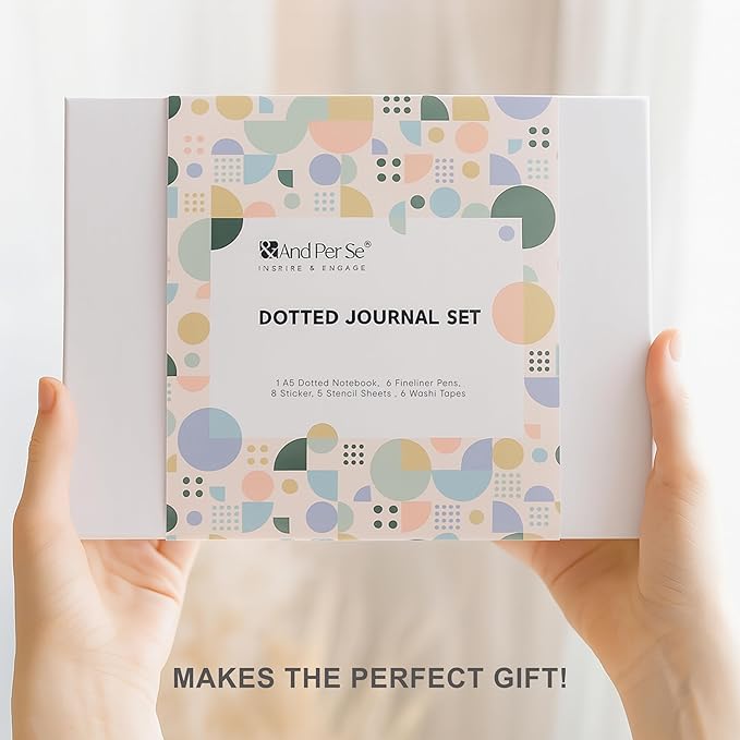 &And Per Se A5 Hardcover Dotted Notebook with 25+ Accessories - 6 Pens, Stickers, Stencils, Washi Tapes & Gift Box Included | Dotted Journal Kit for Beginners, Adults (Light Apricot)