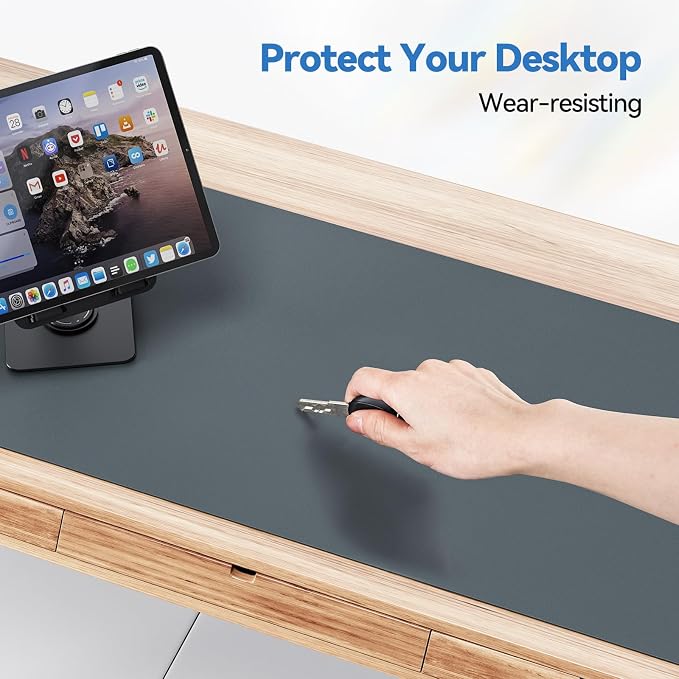 TECKNET 31.5"x15.8" Leather Desk Mat Pad, Large Office Double-Sided Laptop Desktop Mat, Waterproof Desk Blotter Pad for Office/Home (Grey)
