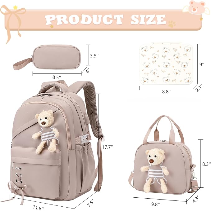 ACESAK Backpack for Girls with Bento Box - 4 PCS Cute Girls Backpack with Lunch Box, Pencil Case & Bento Box Set - 43oz Leakproof Lunch Box Kids Snack Containers Set Back to School Supplies (Khaki)