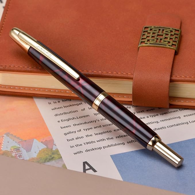 Jinhao 10 Press Fountain Pen with Box, Marble Red Retractable Medium Nib with Ink Converter Set (Golden Clip)