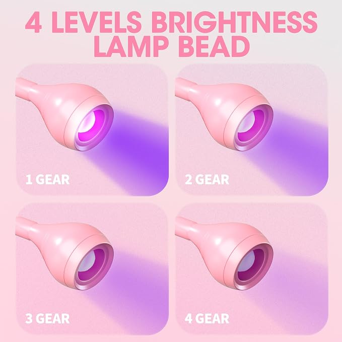 UV Nail Lamp - UV Light for Gel Nails, Flash Cure Lamp, LED Gooseneck Flash Cure Lamp for Nails, Manicure Dryer Black Light with Clamp, 365+395nm Wavelength 5V 3W 4 Levels Dimming Pink