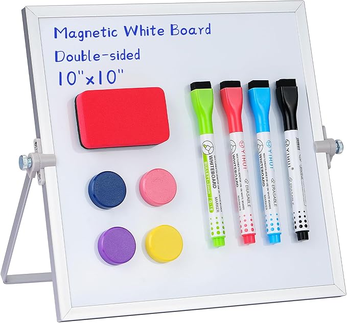 MXG Double Sided Magnetic Dry Erase Board, 10x10 Inch Portable Small White Board with Stand, 360 Rotatable & Adjustable, Includes Markers, Eraser & Magnets, for Office, Home, Desk