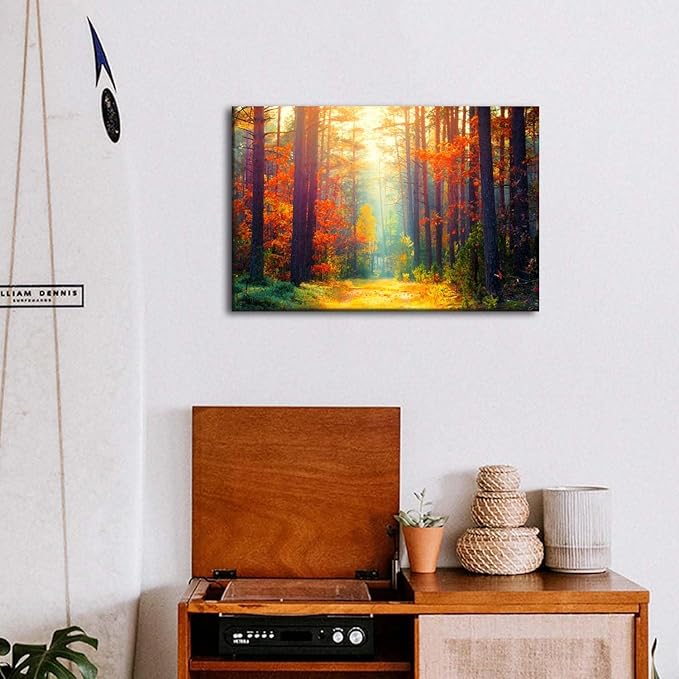 Fall Forest Canvas Wall Art Autumn Tree Scenery Wall Decor for Living Room Bedroom Nature Landscape Pictures Sunshine Orange Maple Leaves Painting Prints Artwork Dining Room Home Decorations 12x16”