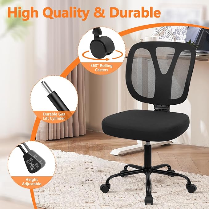 CLATINA Armless Home Office Chair, 360° Swivel Rolling Desk Chair with Lumbar Support and Wheels, Adjustable Height Mesh Back Small Ergonomic Computer Task Chair for Conference Waiting, Black(2 Pack)