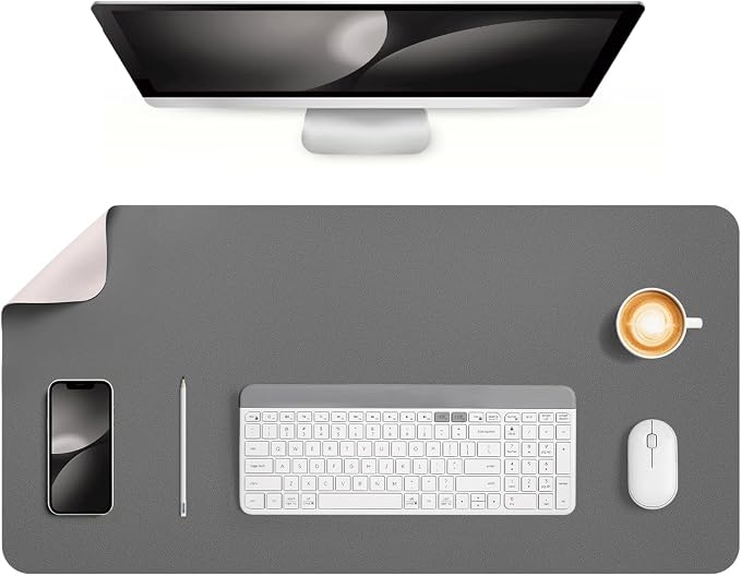 Dual Sided Desk Pad Faux Leather Desk Mat Large Mouse Pad | Desk Pad Protector Non-Slip Waterproof Desk Mouse Pad for Writing Desk, Office, Home(White Gray 31.5"X15.7")