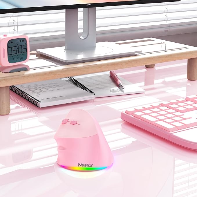 MEETION Left-Handed Mouse, Ergonomic Mouse Wireless Vertical Mouse, RGB Rechargeable Mice for Bluetooth(5.2 + 3.0) & USB, 4 Adjustable DPI for Mac/Windows/PC/Tablet/iPad Pink