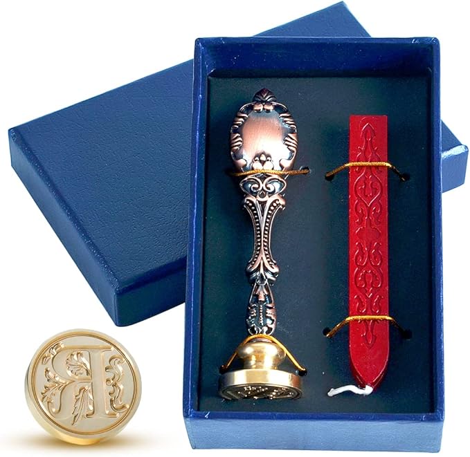 Wax Seal Stamp kit- Retro Sealing Wax Candle + Classic Initial Alphabet Sealing Stamp Letter R - in Blue Gift Box