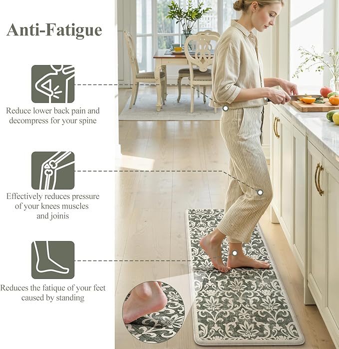 LEEVAN Green Kitchen Mat Sets of 2, Vintage Distressed Anti Fatigue Memory Foam Kitchen Floor Mat for Laundry,Non Slip Cushioned Standing Mat for Home, Office, Desk,Sink(17''x29''+17''x47'')