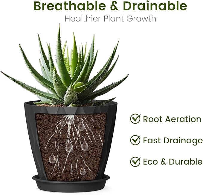 UOUZ 4 Inch Small Pots for Plants, 6 Pack Waffle Texture Small Plant Pots for Succulents, Plastic Planter with Drainage Holes and Saucers for Indoor Outdoor Plants, Flowers, Herbs, Seedlings,Black