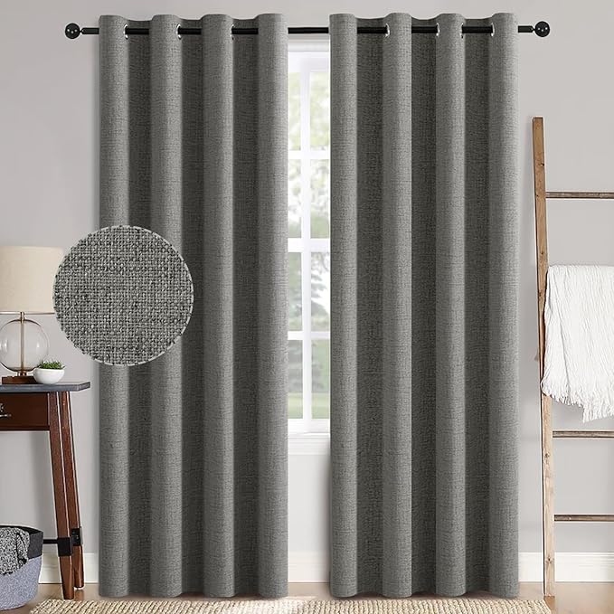 MIULEE Linen Texture 90 Inches Curtains for Bedroom 100% Blackout Thermal Insulated Dark Grey Curtains Grommet Room Darkening Luxury Decor for Living Room 52x90 Inch (2 Panels)