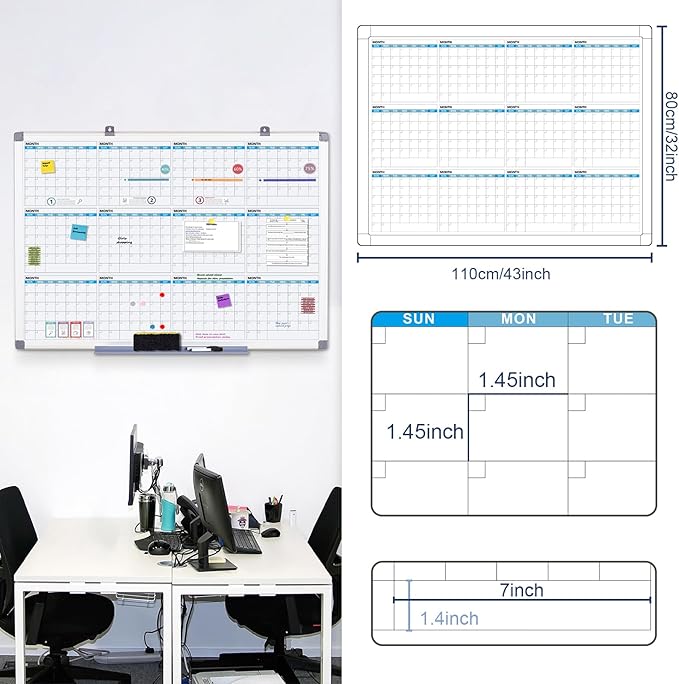 MAKELLO Large Dry Erase Calendar 43" x 31", 12 Months Planning Boards | Wall Mount, Magnetic, Aluminum Frame, Erasable Board, Easy Mount, Yearly Calendar White Board, Family, Kitchen, Classroom