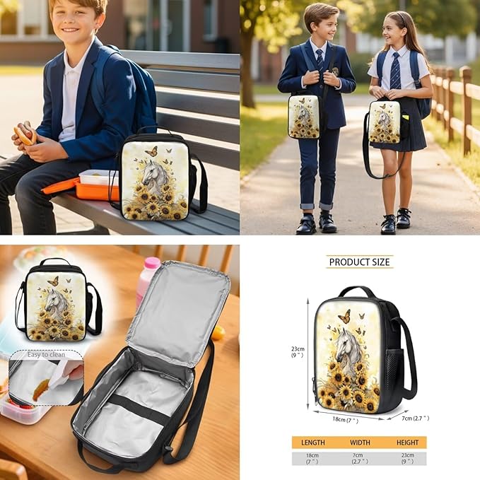 Horse Sunflower Backpack with Lunch Box for School Boys Girls Personalized School Bags 4 in 1 Set Includes Lunch Bag Pencil Case and Water Bottle Holder Back to School Supplies