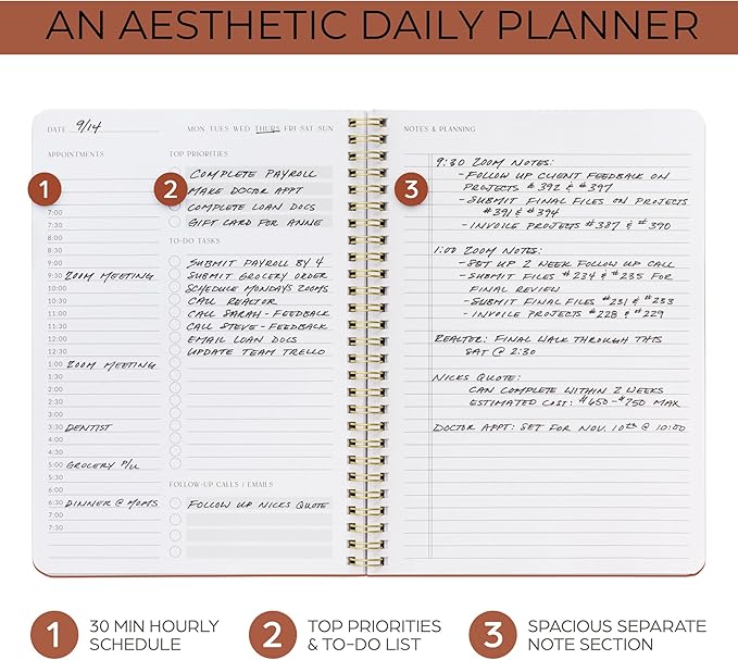Beautiful Daily Planner And Notebook With Hourly Schedule - Aesthetic Spiral To do List Notepad to Easily Organize Your Tasks And Appointments - Stylish Book And School Or Office Supplies For Women