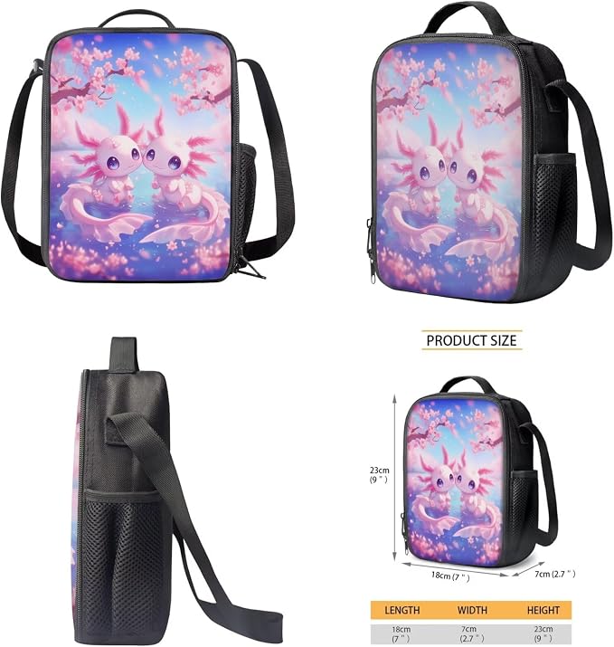 WELLFLYHOM Kid Axolotl School Backpack with Lunch Box for Elementary Girl Back to School Supplies, Pink 17 Inch Cherry Blossom 4 In 1 Bookbag with Wider Strap to Reduce Shoulder Pressure