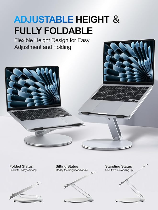 YICOSUN Laptop Stand for Desk, 360° Rotating Height Adjustable Computer Stand, Ergonomic Aluminum Laptop Riser with Ventilated Cooling, Foldable for 10-16 inch MacBook Pro Air Neo Dell HP - Silver