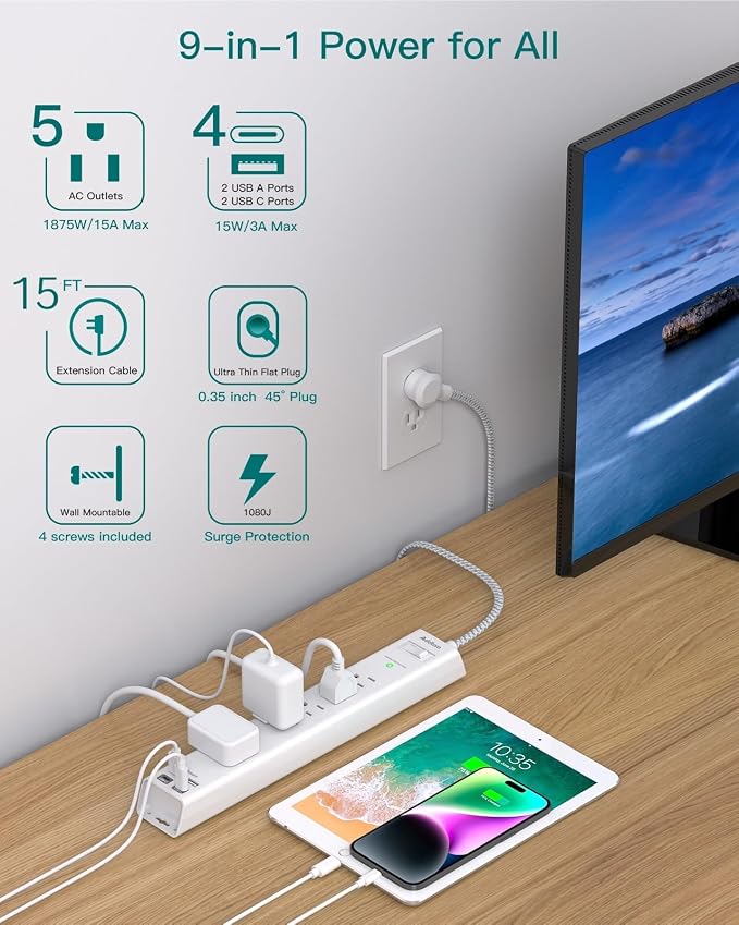 Addtam 2 Pack Surge Protector Power Strip -15ft Long Extension Cord, 5 Widely Spaced Outlets 4 USB(2 USB-C) Charging Ports, 1875W/15A, Flat Plug, Wall Mount for Home Office Dorm Room Essentials