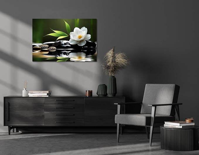 YIOZHAOFH Lotus Flower Wall Art Zen Canvas Inhale Exhale Poster Black Spas Nature Prints Pictures for Meditation Wall Decor Framed Artwork Ready to Hang (20.00" x 30.00")