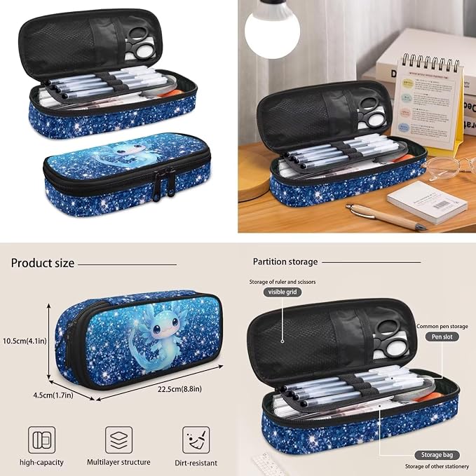Blue Axolotl Backpacks for Elementary School Girls- 4 in 1 Cute Graphic Backpack with Lunch Box, Galaxy Space17 Inch Large Capacity Book Bag Kids Ages 6-8 Back to School