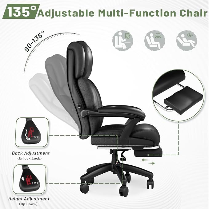 HOMREST Big and Tall Office Chair, 500lbs Heavy Duty Chair with Adjustable Lumbar Support & Backrest, Ergonomic Executive Leather Office Chair with Wide Armrests and Wheels, Black