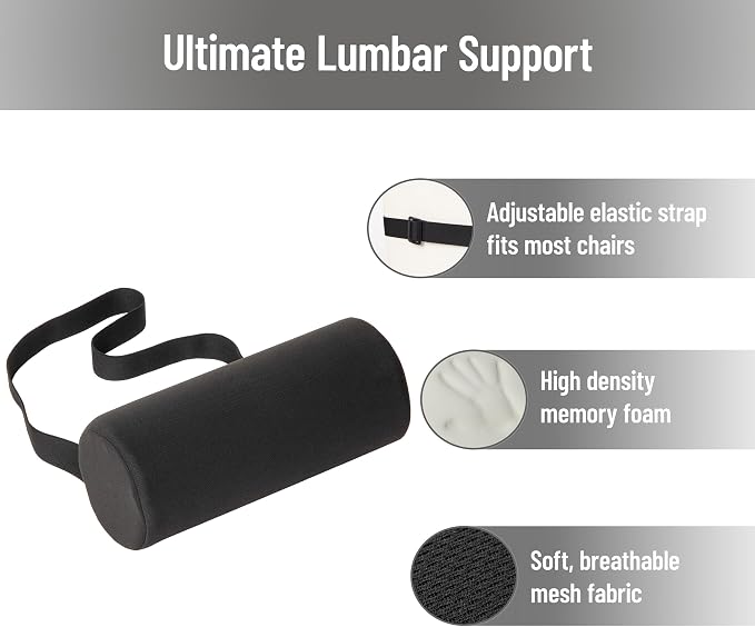 Mind Reader Lumbar Roll Pillow with Air-Cloud Memory Foam, Back, Waist & Hip Support, Breathable Cover & Adjustable Strap, Black