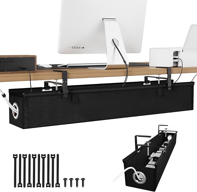 KEEGH Under Desk Cable Management Tray 36", No Drill Cord Organizer, Black | Heavy Duty, Large Capacity, 3-Level Clamp Fit 0"-2.5" Desks, Clamp/Screw Mount, for Home, Office, Gaming, Room, Studio