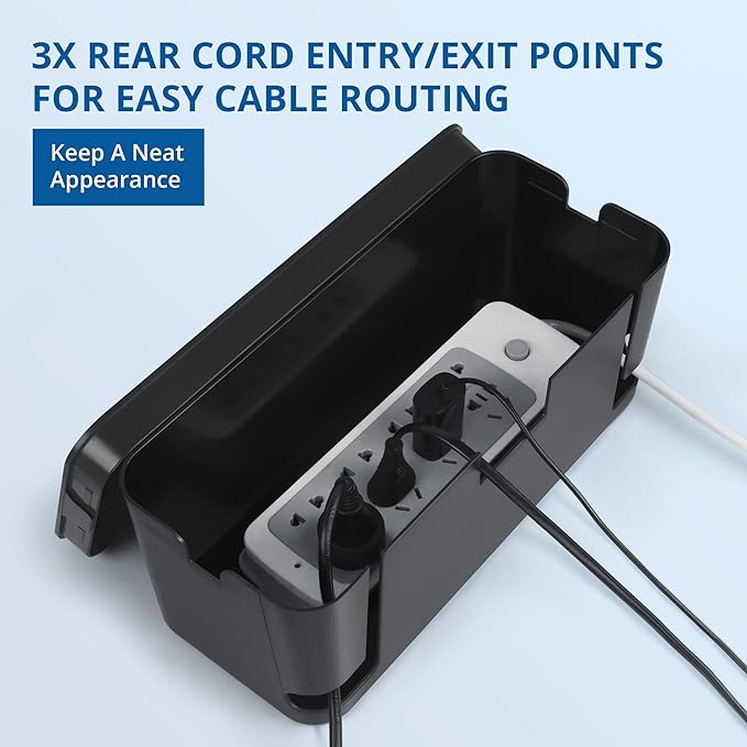 ZhiYo 2 Pack Cable Management Box, Medium & XL, Power Strip Organizer Black | Hidden Rear Cable Routing, Durable ABS Construction, Fits Power Strips Up to 13.4", Ideal for Desks, TV Areas & Floor Corners